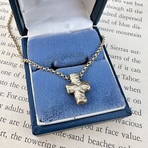 Brutalist Cross Pendant Necklace Modernist Matte Abstract Gold-Tone Chain 17”